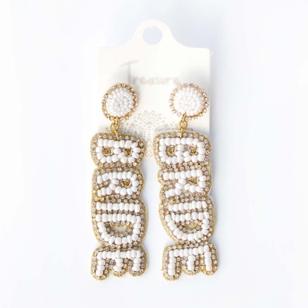 Beaded Bride Earrings, White & Gold